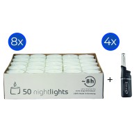 400 Stück Wenzel Nightlights durchsichtige Teelichtkerzen, weiß, Plus 4 Mini-Stabfeuerzeuge