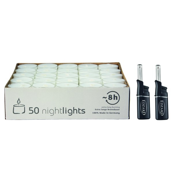 50 Stück Wenzel Nightlights durchsichtige Teelichter, weiß, Plus 2 Mini-Stabfeuerzeuge