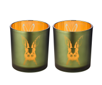 2er-Set Windlicht Teelichtglas Hase, außen grün / innen gold, Hasen-Design, Höhe 8 cm, ø 7 cm