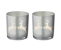 2er-Set Teelichtglas Loki (Höhe 8 cm, ø 7,5 cm) in Grau, Windlicht mit Hirsch-Motiv