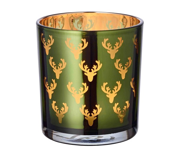 SALE Windlicht Teelichtglas Dirk, außen grün / innen gold, Hirsch-Design, Höhe 8 cm, ø 7 cm