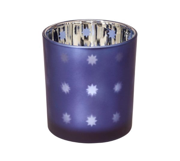 SALE Teelichtglas Domo (Höhe 8 cm), blau & silberfarben, Sternchen-Motiv