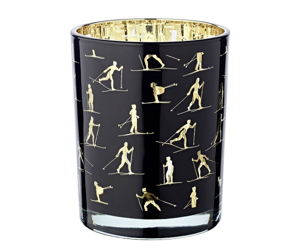 Teelichtglas Monty (Höhe 13 cm), schwarz & goldfarben, Skisport-Motiv