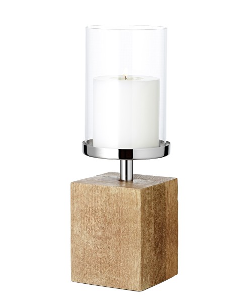 Kerzenständer Windlicht Meo (H 31 cm), Edelstahl vernickelt, Sockel Echtholz, für Kerzen bis ø 8 cm