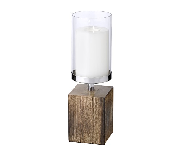 Kerzenständer Meo (Höhe 16,5 cm), Holzsockel, vernickelter Edelstahl, für Stumpenkerzen bis Ø 9 cm